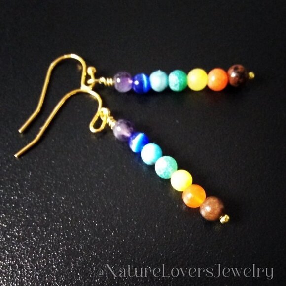 7 Chakra Earrings! Dainty + Slim Dangle Earrings with Semi-Precious Stones - Picture 1 of 9